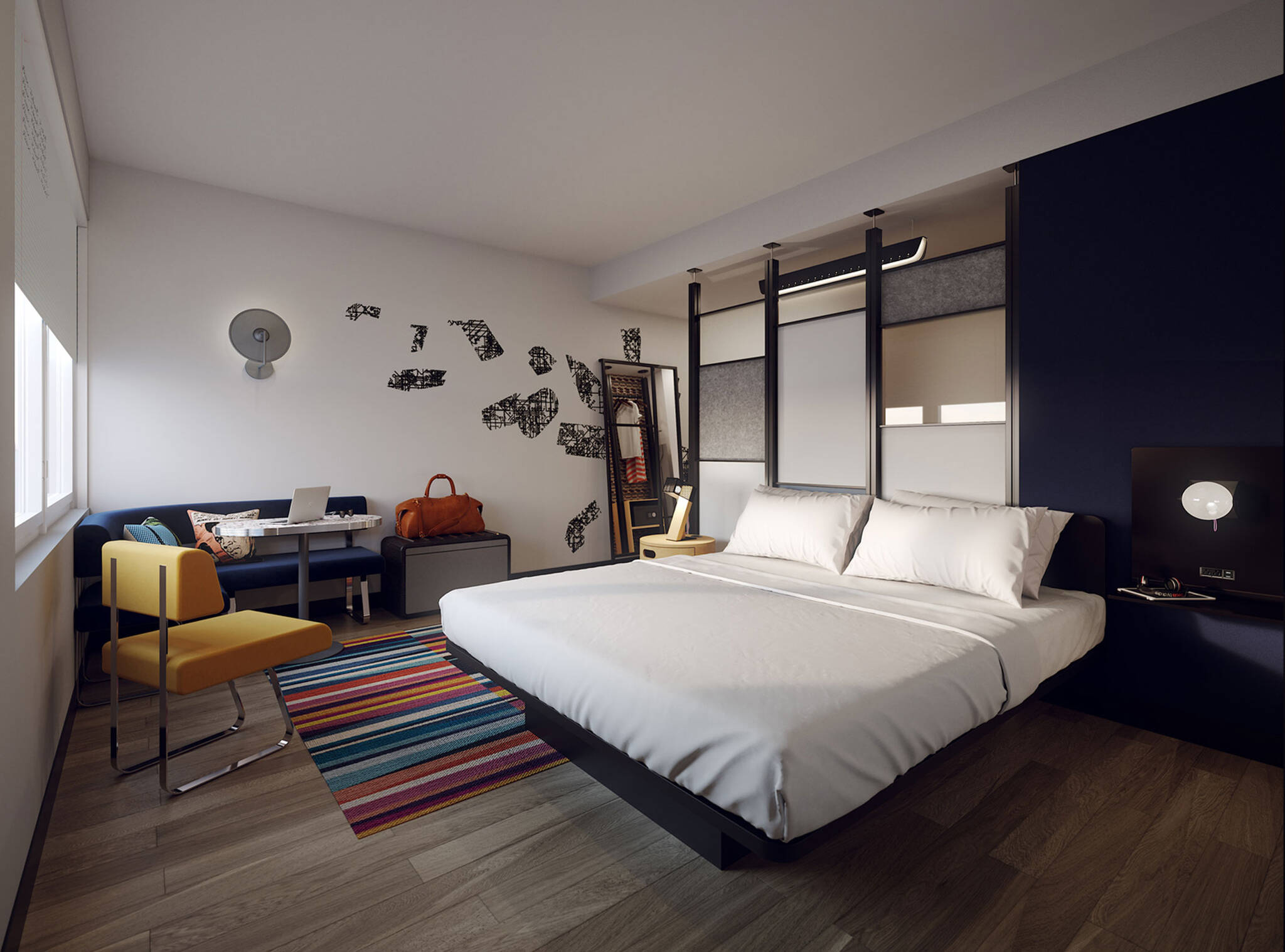 Guestroom of the Aloft hotel in the Dallas Alpha West mixed-use complex project located in Dallas, Texas designed by the architecture studio Danny Forster & Architecture