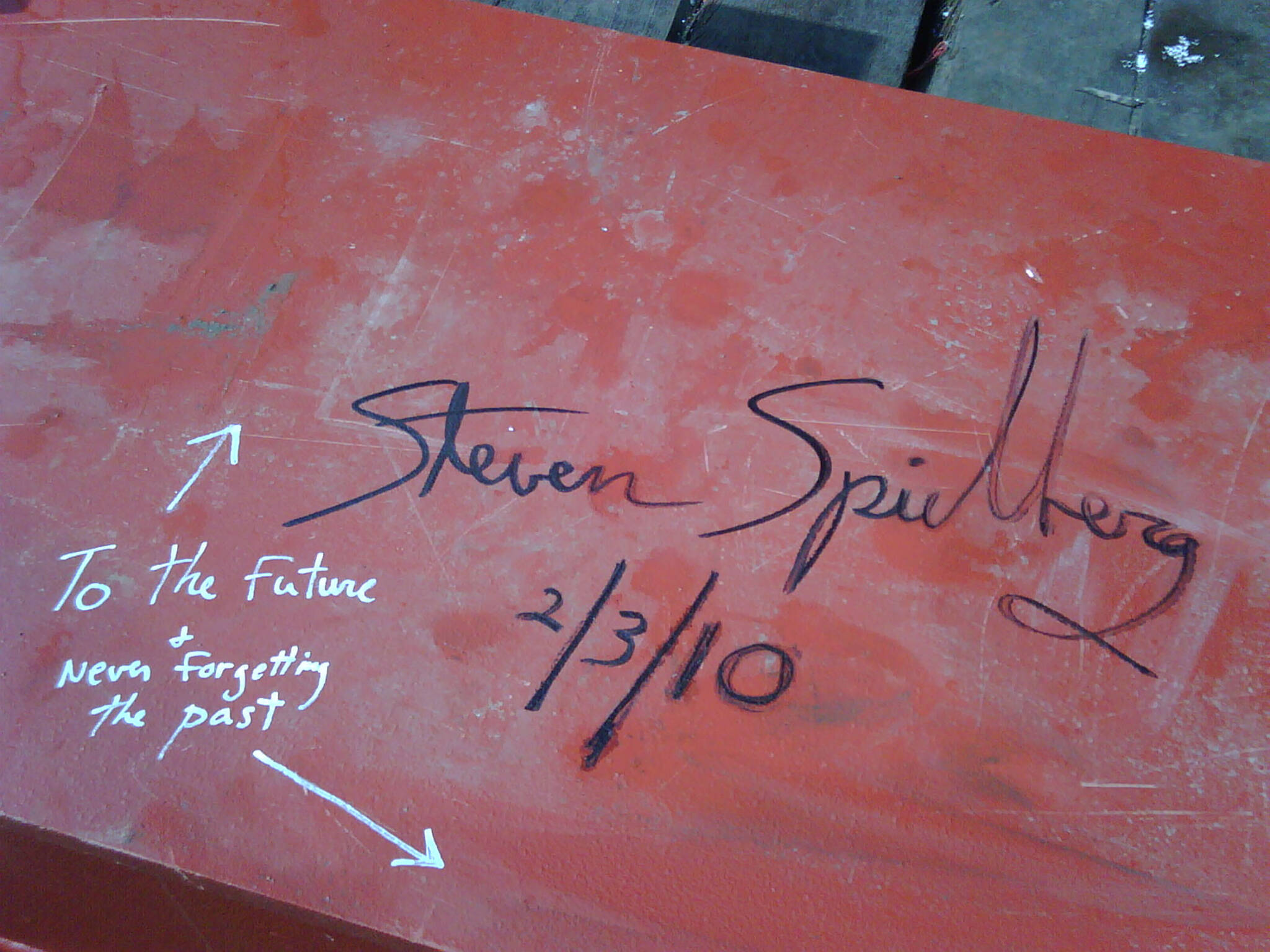 Steven Spielberg signature on one of the columns of the Ground Zero area rebuilding project for the Rising: Rebuilding Ground Zero documentary Co-produced by Danny Forster and Steven Spielberg about the rebuilding of the World Trade Center site in the wake of 9/11.