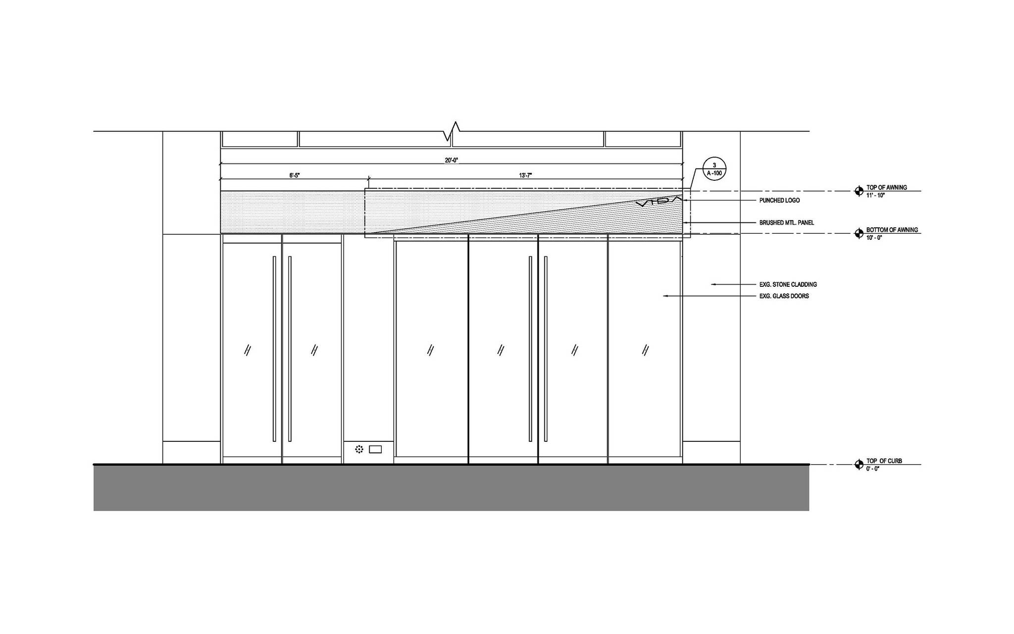 Front view plan of the Vida Shoes International canopy project for the shop located at 29 West 56th Street in Midtown, New York City designed by the architecture studio Danny Forster & Architecture