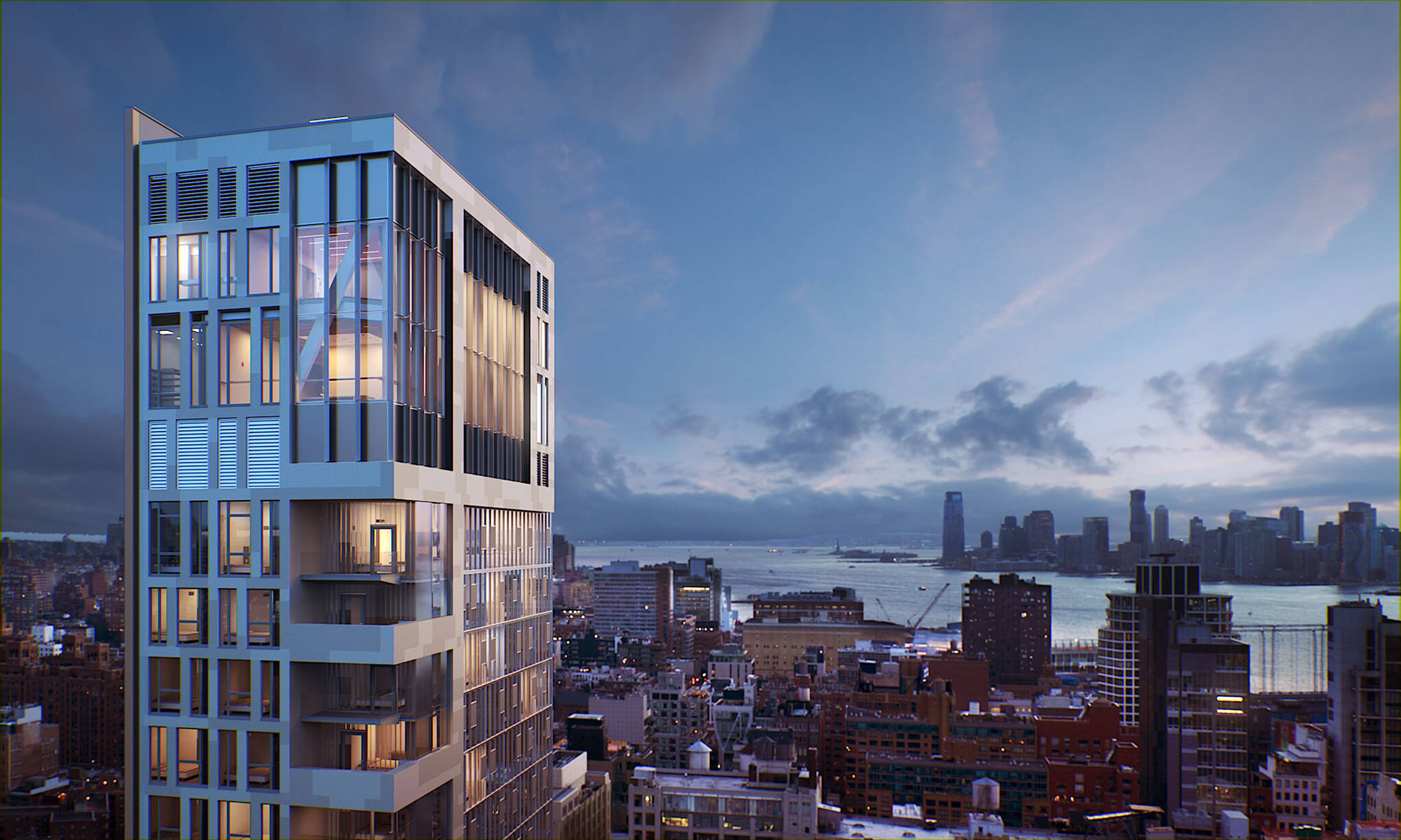 Aerial view from the outside of the Hudson Yards Autograph Hotel project by Marriott, a modular hotel tower located at 432 West 31st Street in Hudson Yards, New York City designed by the architecture studio Danny Forster & Architecture