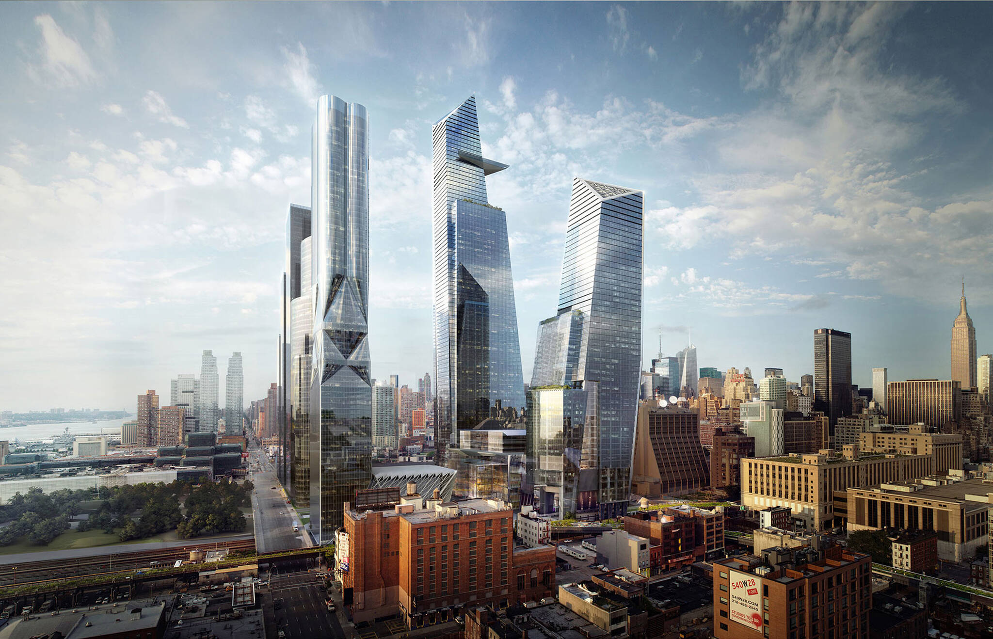 Aerial view of the surrounding buildings of the Hudson Yards Autograph Hotel project by Marriott, a modular hotel tower located at 432 West 31st Street in Hudson Yards, New York City designed by the architecture studio Danny Forster & Architecture