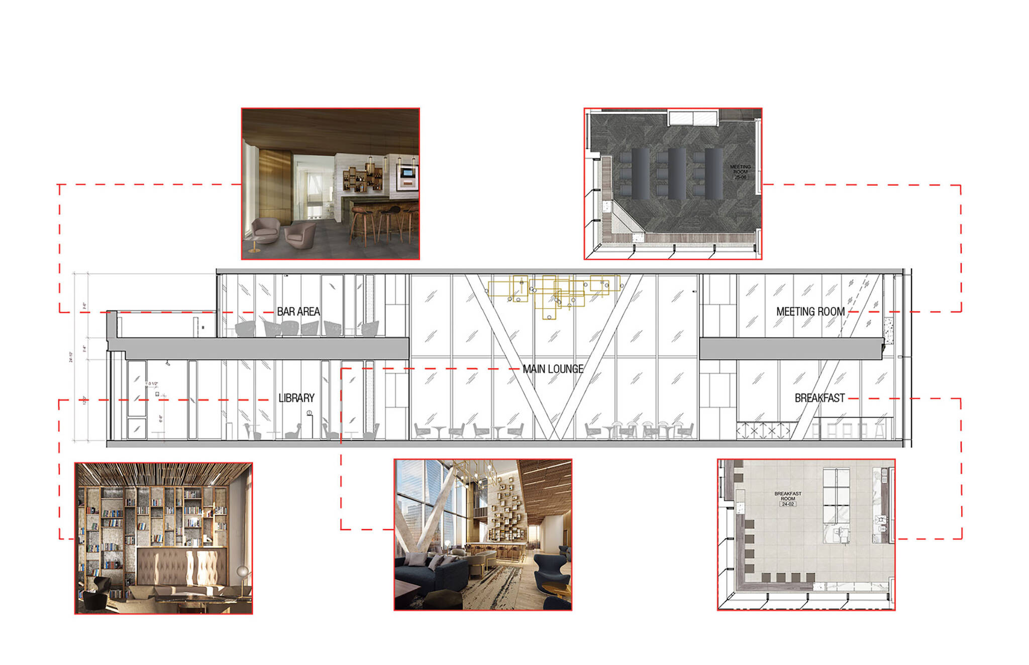 Amenities section diagram of the Hudson Yards Autograph Hotel project by Marriott, a modular hotel tower located at 432 West 31st Street in Hudson Yards, New York City designed by the architecture studio Danny Forster & Architecture
