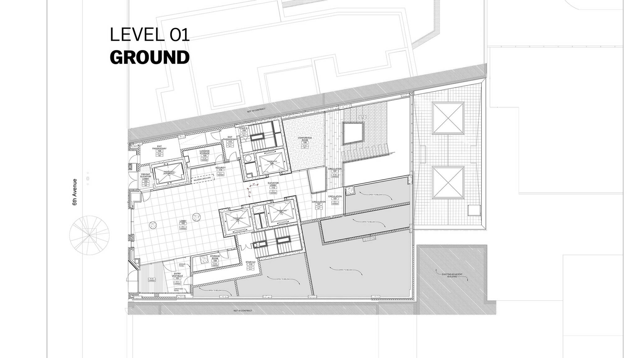 Ground floor plan of the Modular AC Hotel project located at 842 Sixth Avenue in NoMad, New York City designed by the architecture studio Danny Forster & Architecture