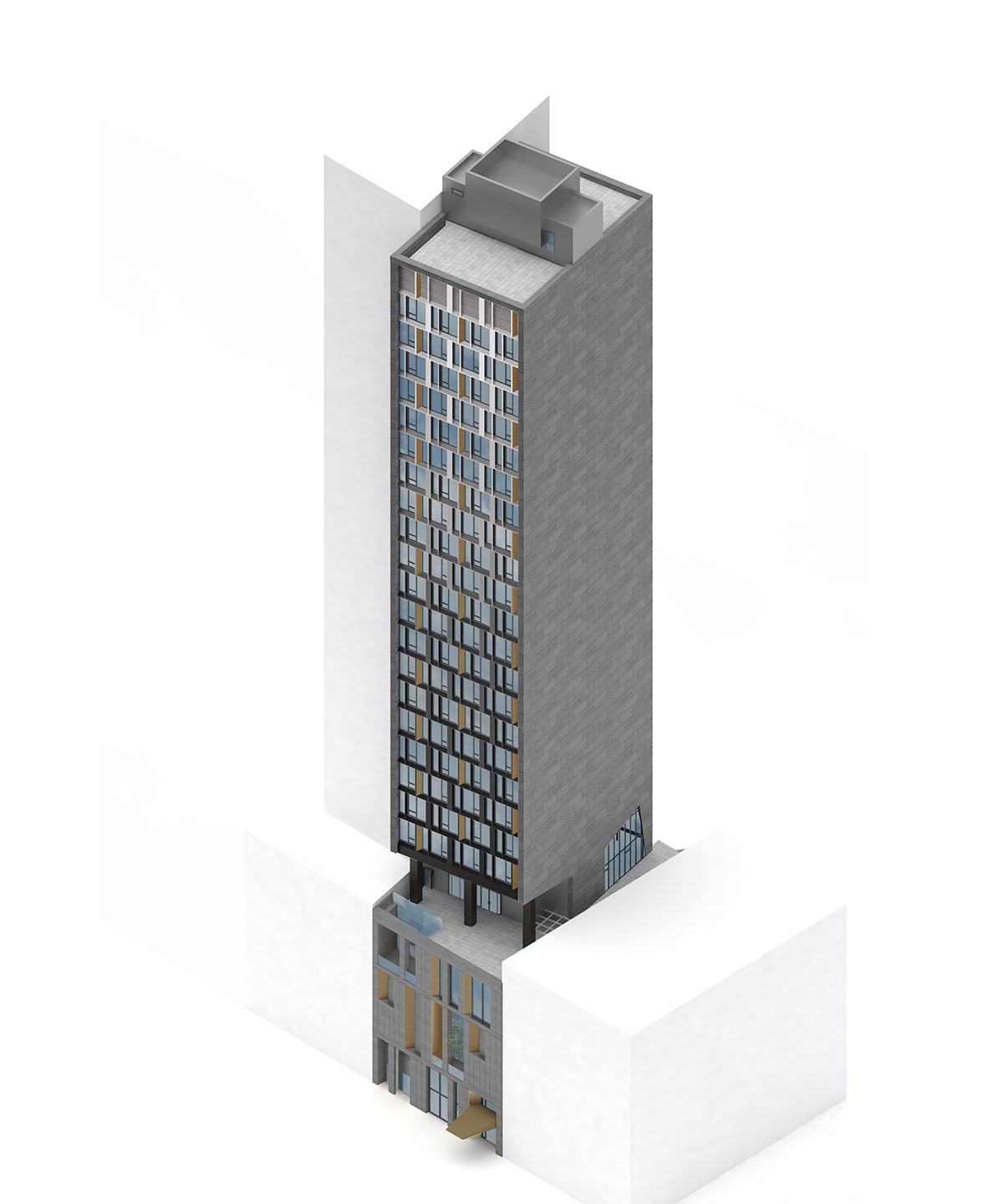 Axonometric view of the Modular AC Hotel project located at 842 Sixth Avenue in NoMad, New York City designed by the architecture studio Danny Forster & Architecture