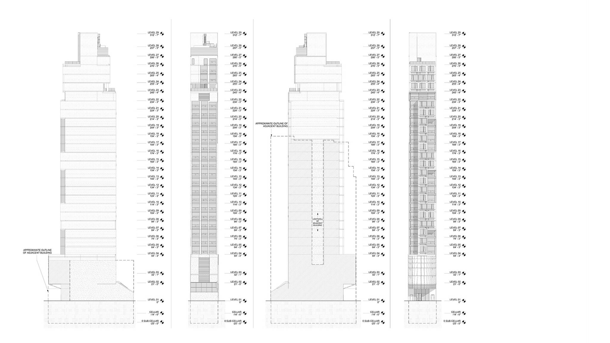 Elevations views of the Brooklyn Motto Hotel project, a modular hotel tower on Schermerhorn Street in Brooklyn, New York designed by the architecture studio Danny Forster & Architecture