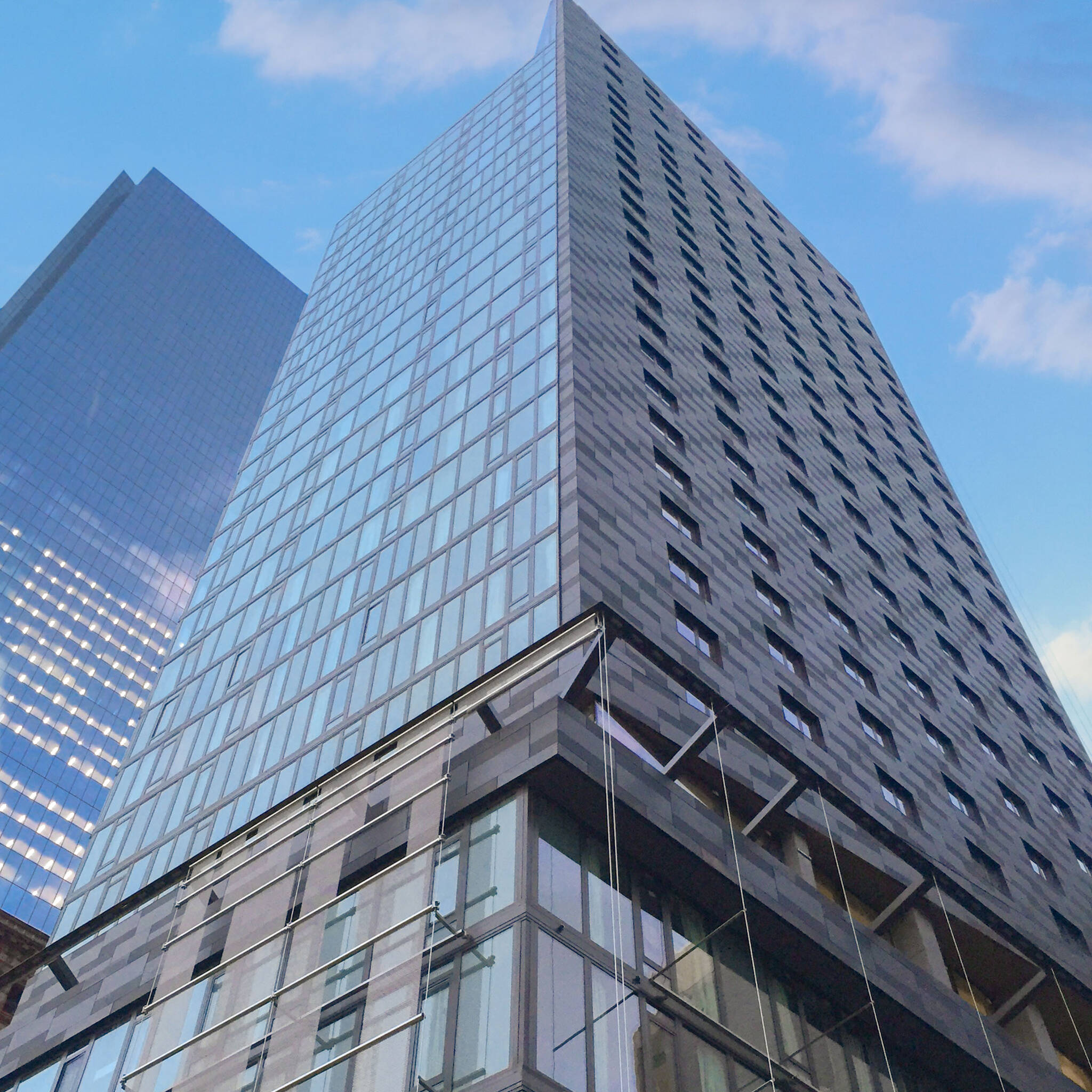 View from below of the World Trade Center Tower Courtyard by Marriott project on the 133 Greenwich street in Downtown Manhattan designed by the architecture studio Danny Forster & Architecture