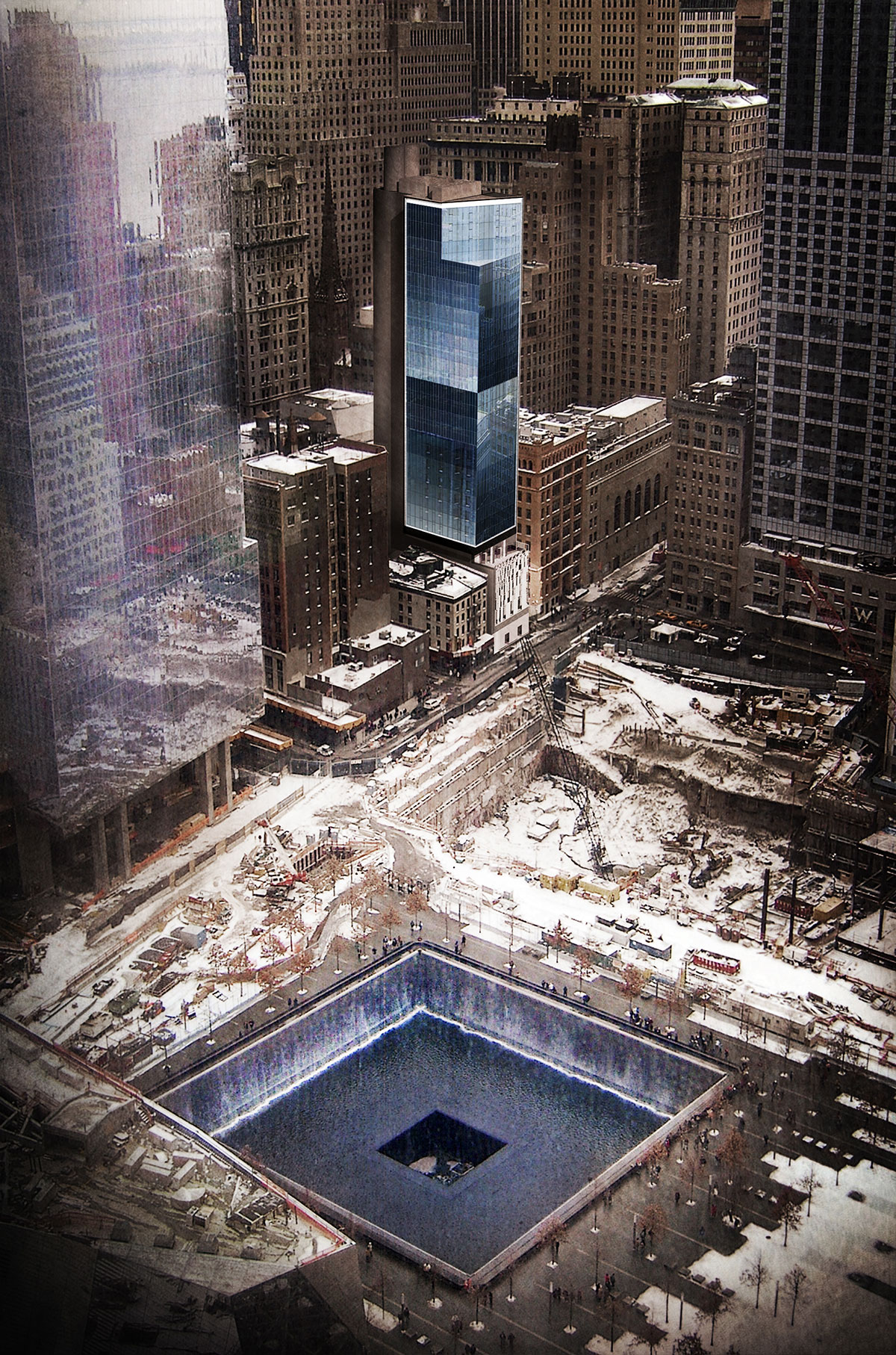 View from across the 9/11 Memorial Plaza of the World Trade Center Tower Courtyard by Marriott project on the 133 Greenwich street in Downtown Manhattan designed by the architecture studio Danny Forster & Architecture
