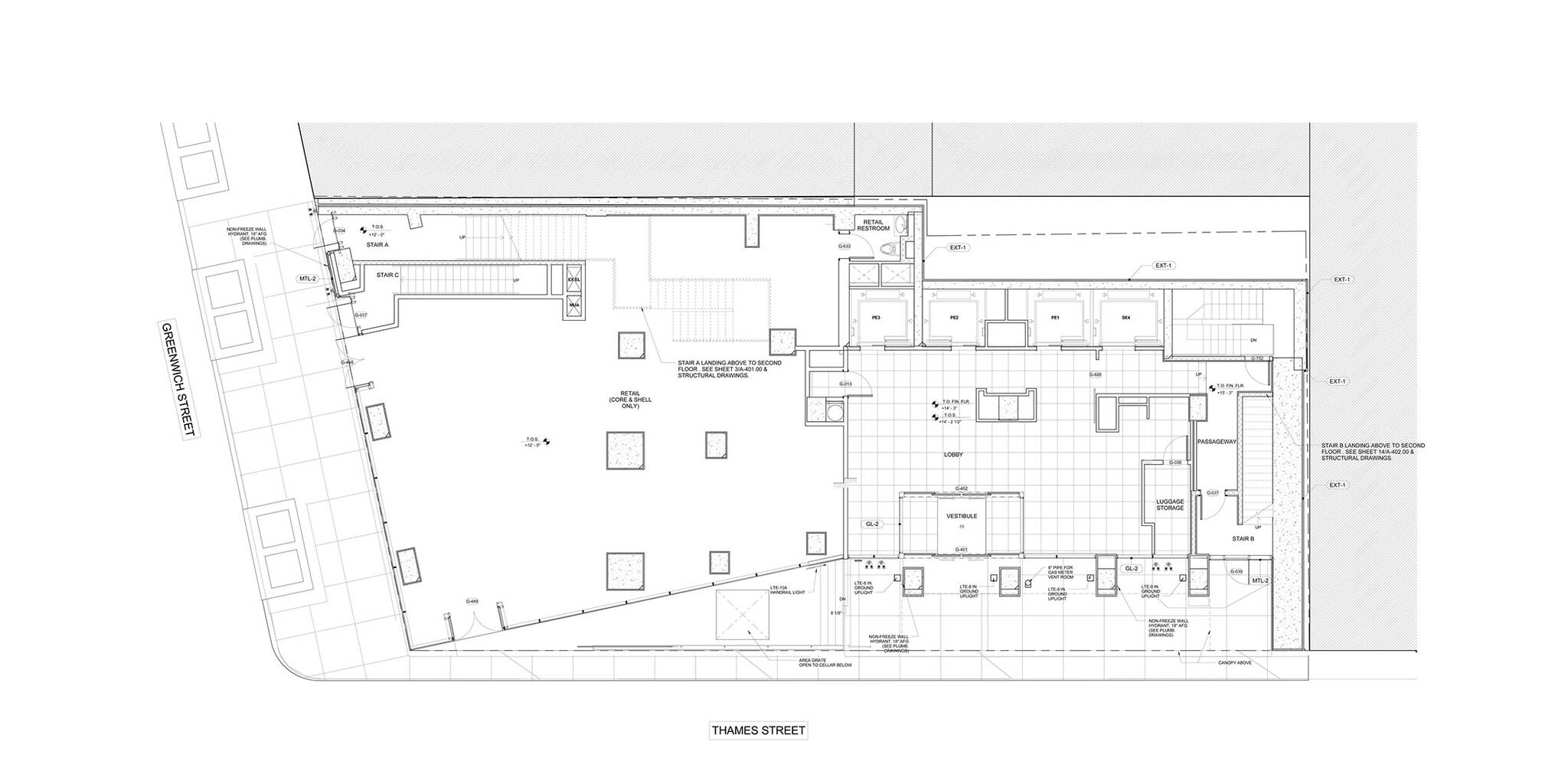 Ground floor plan of the World Trade Center Tower Courtyard by Marriott project on the 133 Greenwich street in Downtown Manhattan designed by the architecture studio Danny Forster & Architecture