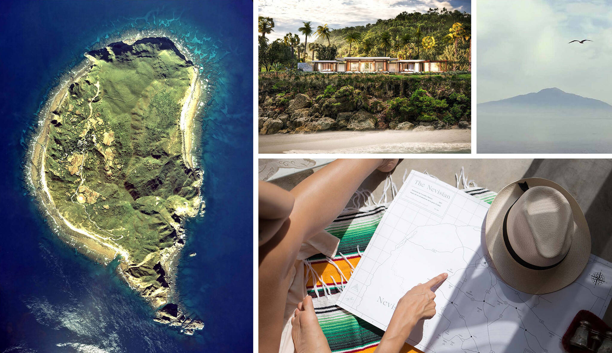 Moodboard of the look and feel of the Nevisian Luxury Resort project designed by the architecture studio Danny Forster & Architecture. A luxury resort with restaurants, villas, spas, a conference center, and the world’s first 5-star modular hotel located in Nevis island in the Lesser Antilles