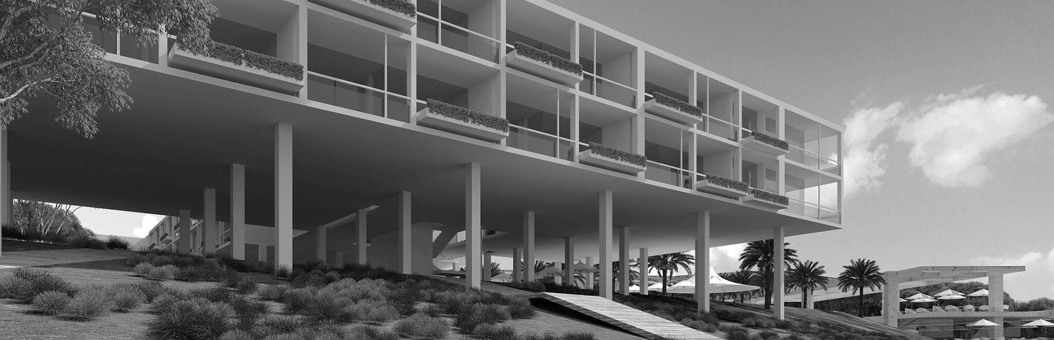 Panoramic view of one of the structures on the Nevisian Luxury Resort project designed by the architecture studio Danny Forster & Architecture. A luxury resort with restaurants, villas, spas, a conference center, and the world’s first 5-star modular hotel located in Nevis island in the Lesser Antilles